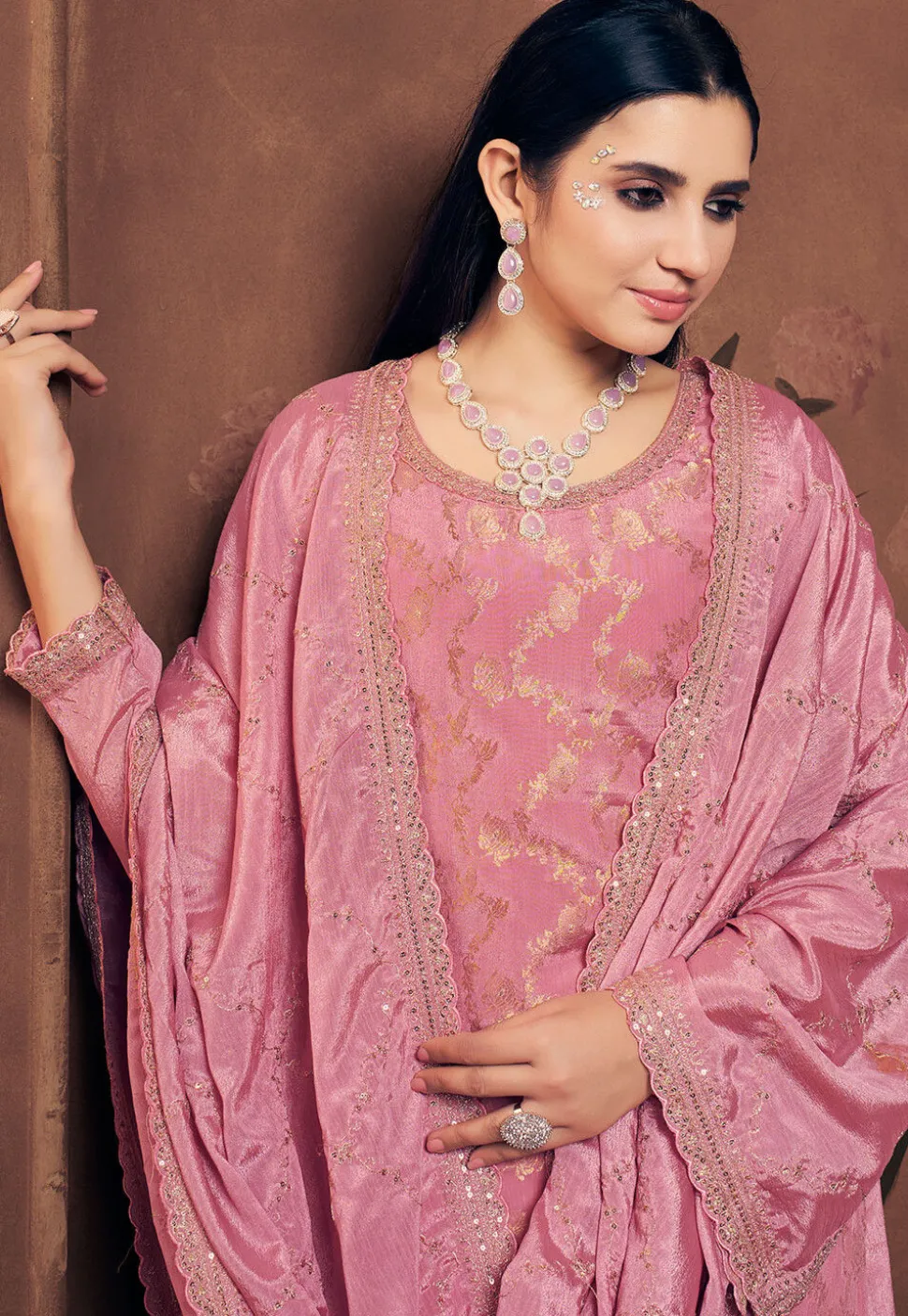 Woven Chinon Silk Pakistani Suit in Pink