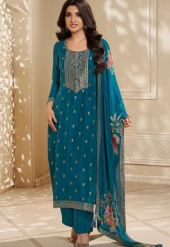 Woven Chinon Silk Pakistani Suit in Teal Blue