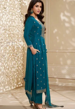 Woven Chinon Silk Pakistani Suit in Teal Blue