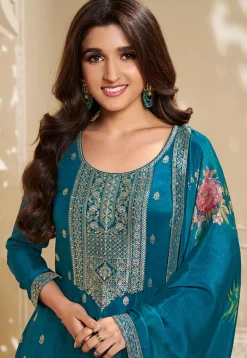 Woven Chinon Silk Pakistani Suit in Teal Blue