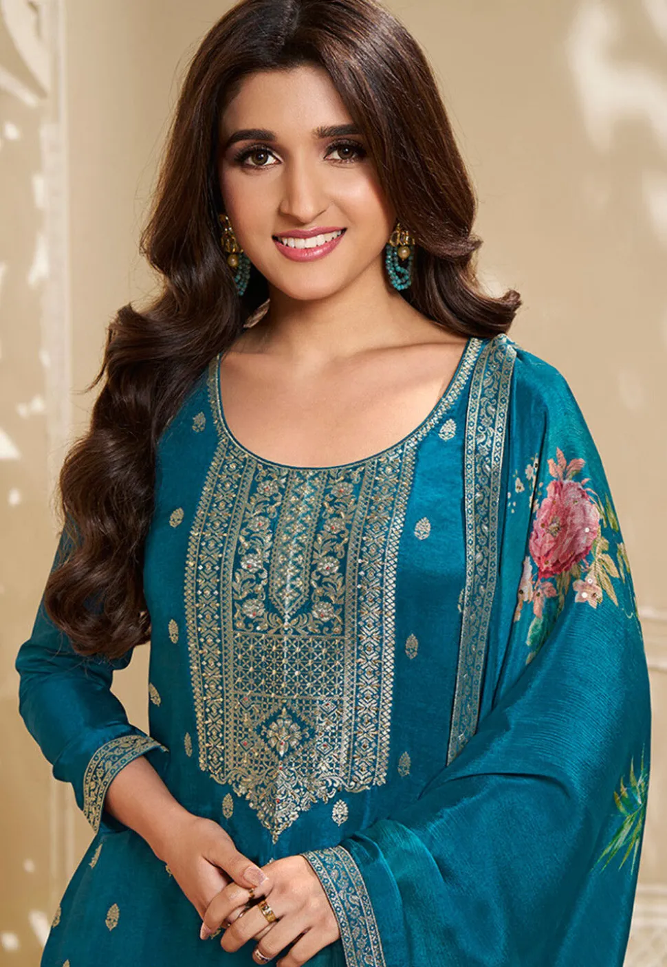 Woven Chinon Silk Pakistani Suit in Teal Blue