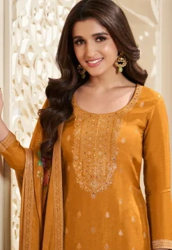 Woven Chinon Silk Pakistani Suit in Yellow