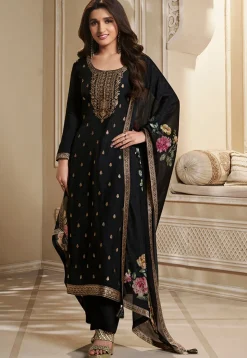 Woven Chinon Silk Pakistani Suit in Black
