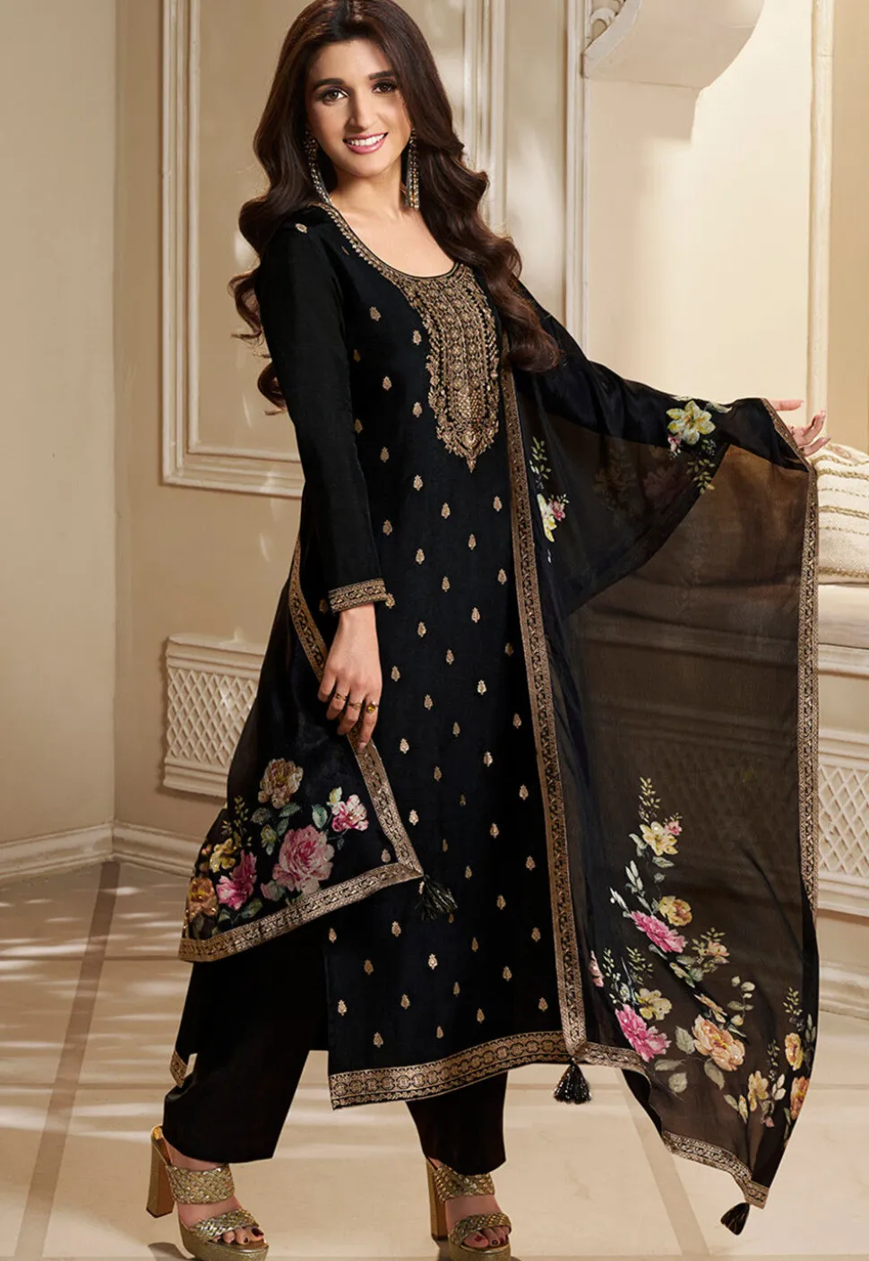 Woven Chinon Silk Pakistani Suit in Black