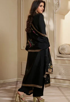 Woven Chinon Silk Pakistani Suit in Black