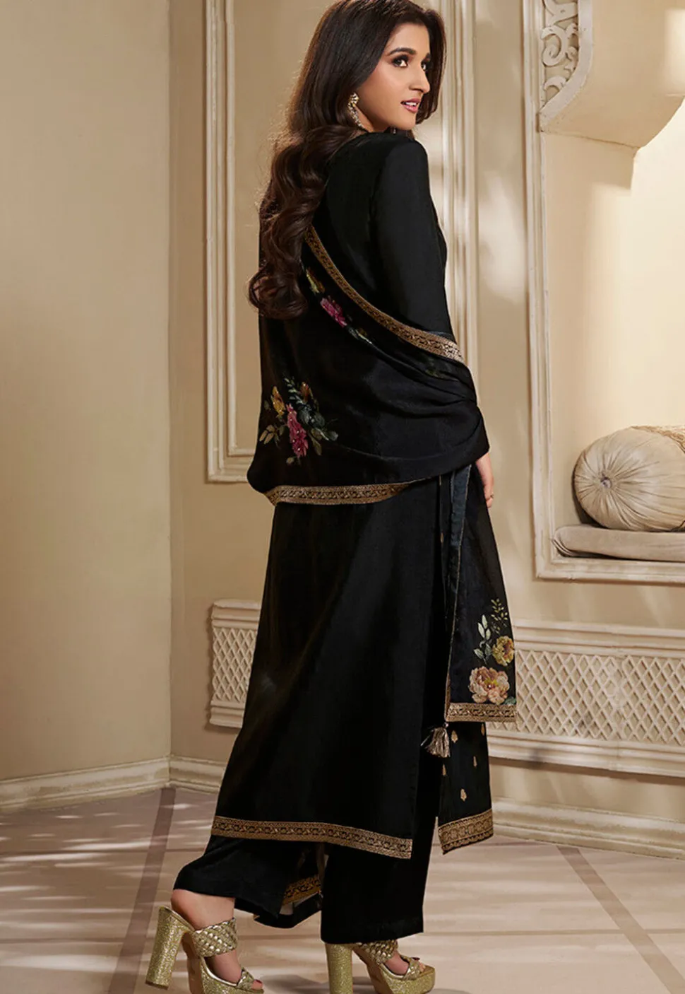 Woven Chinon Silk Pakistani Suit in Black