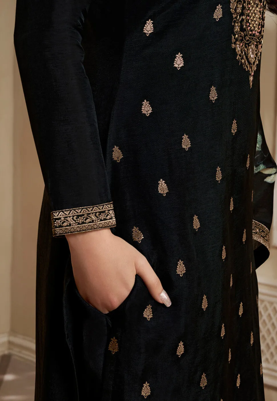 Woven Chinon Silk Pakistani Suit in Black