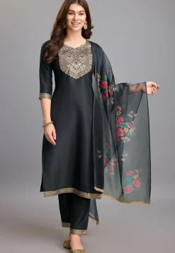 Woven Chinon Silk Pakistani Suit in Black
