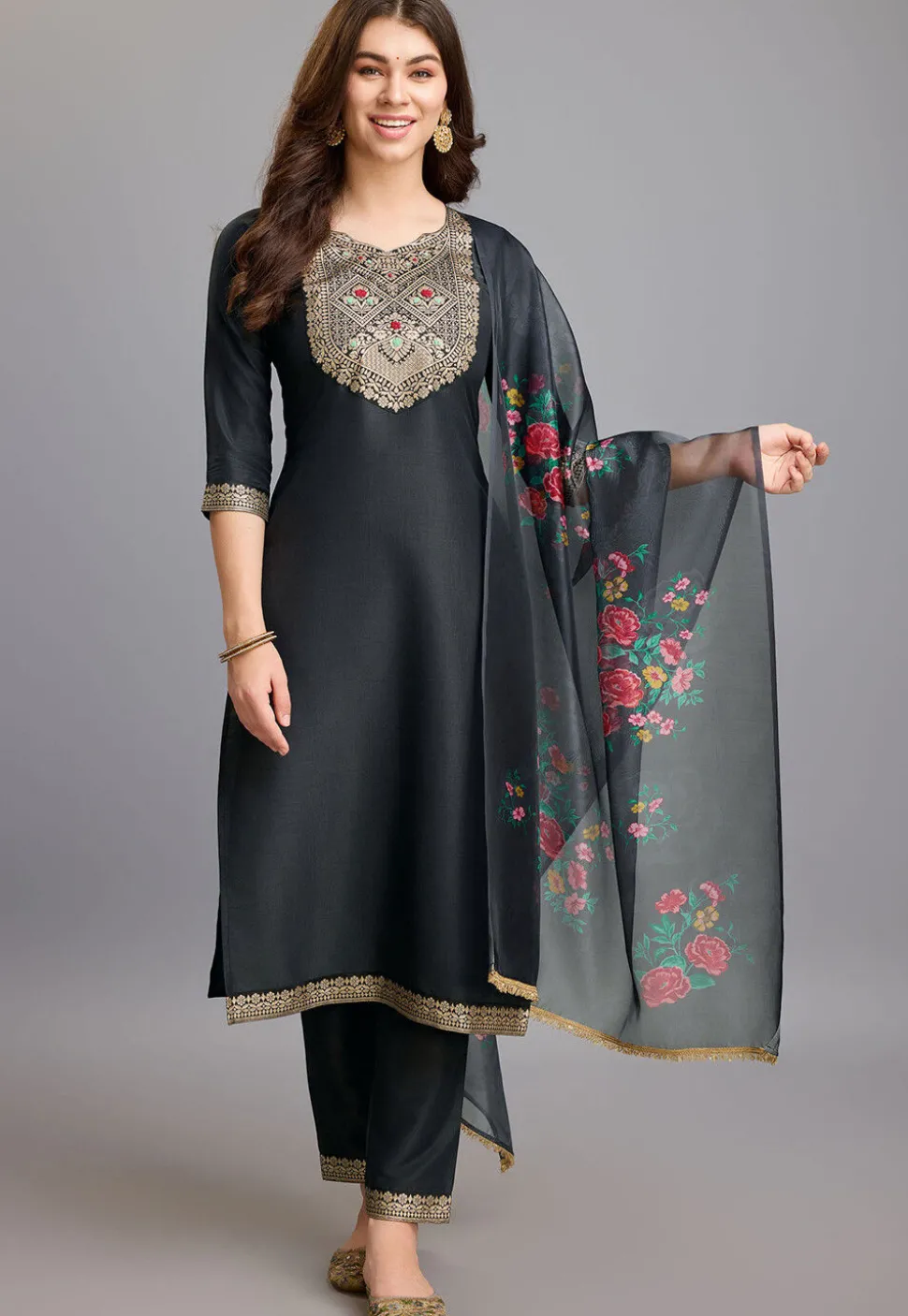 Woven Chinon Silk Pakistani Suit in Black