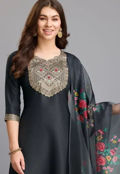 Woven Chinon Silk Pakistani Suit in Black