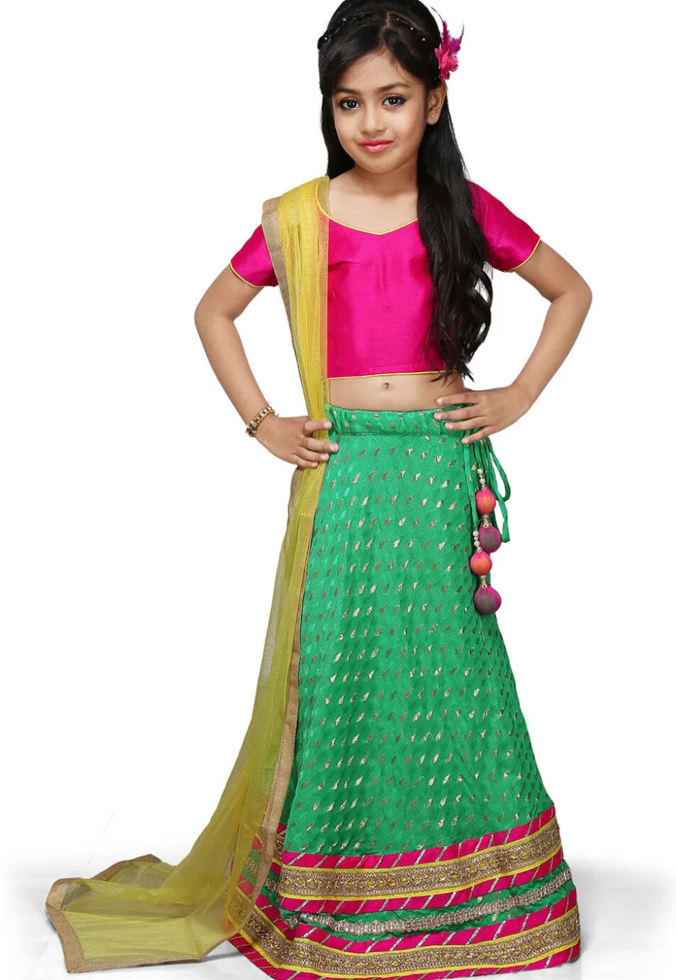 Woven Chinon Viscose Lehenga Set in Teal Green