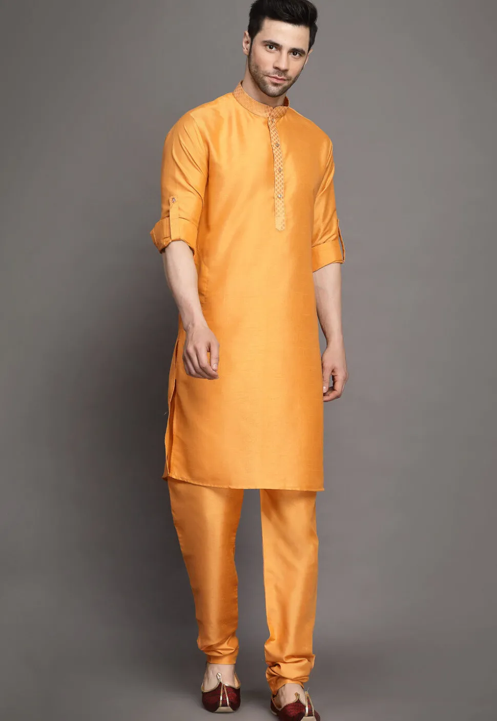 Woven Collar Art Silk Kurta Set in Orange
