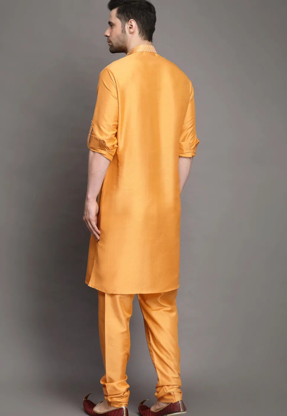 Woven Collar Art Silk Kurta Set in Orange