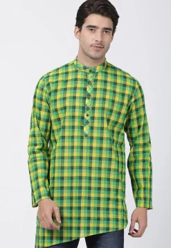 Woven Cotton Asymmetric Short Kurta in Green and Yellow