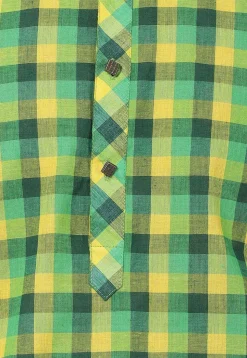 Woven Cotton Asymmetric Short Kurta in Green and Yellow