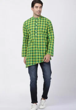 Woven Cotton Asymmetric Short Kurta in Green and Yellow
