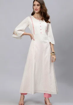 Woven Cotton Jacquard A Line Kurta in White