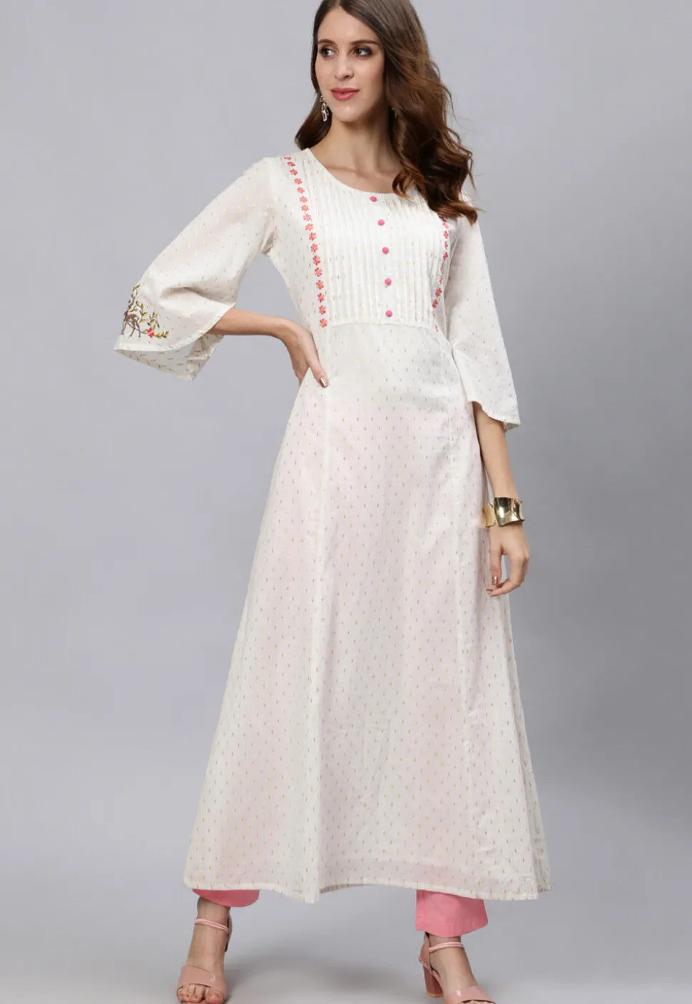 Woven Cotton Jacquard A Line Kurta in White