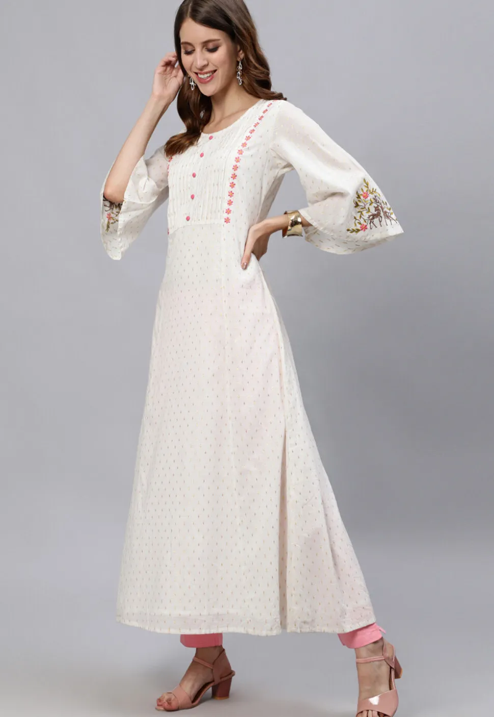 Woven Cotton Jacquard A Line Kurta in White