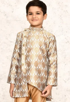 Woven Cotton Jacquard Asymmetric Kurta in Grey