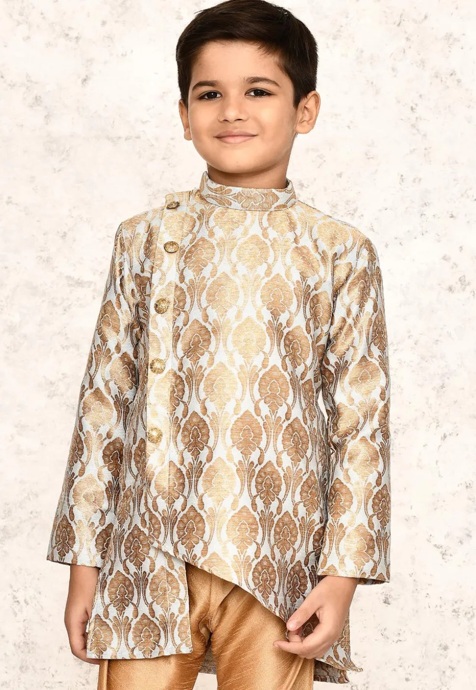 Woven Cotton Jacquard Asymmetric Kurta in Grey