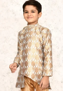 Woven Cotton Jacquard Asymmetric Kurta in Grey