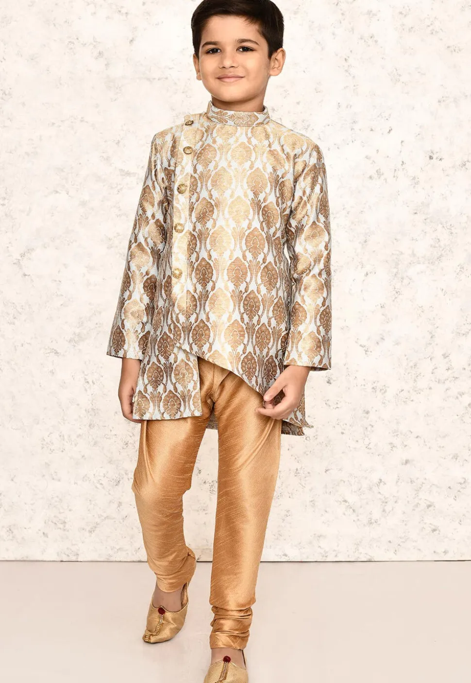 Woven Cotton Jacquard Asymmetric Kurta in Grey