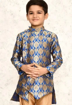 Woven Cotton Jacquard Asymmetric Kurta in Royal Blue