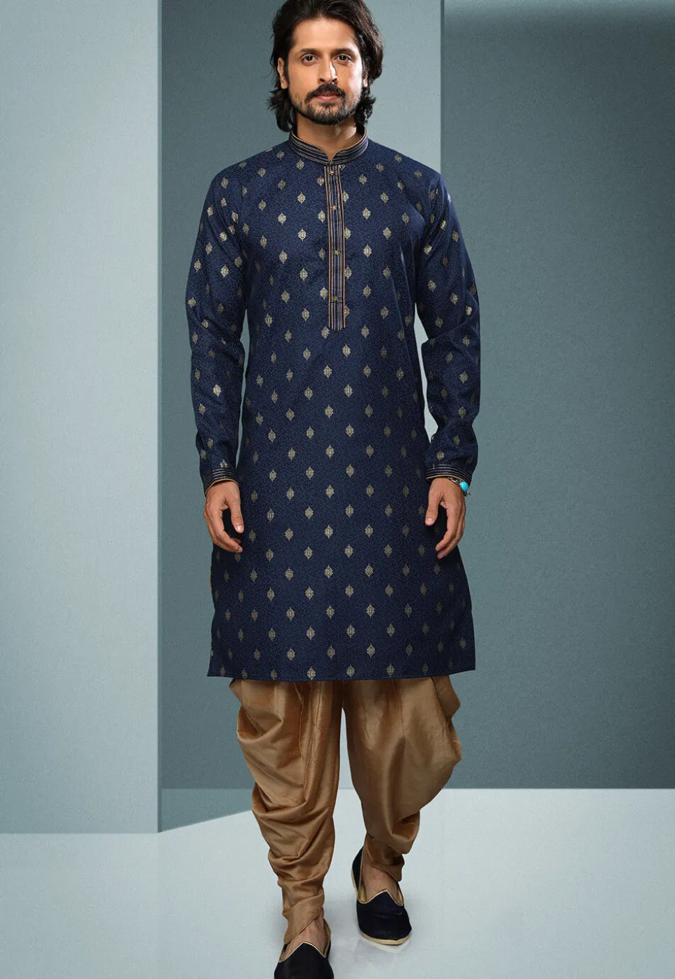 Woven Cotton Jacquard Dhoti Kurta in Navy Blue