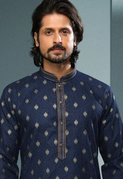 Woven Cotton Jacquard Dhoti Kurta in Navy Blue