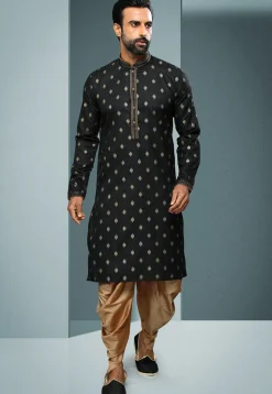 Woven Cotton Jacquard Dhoti Kurta in Black