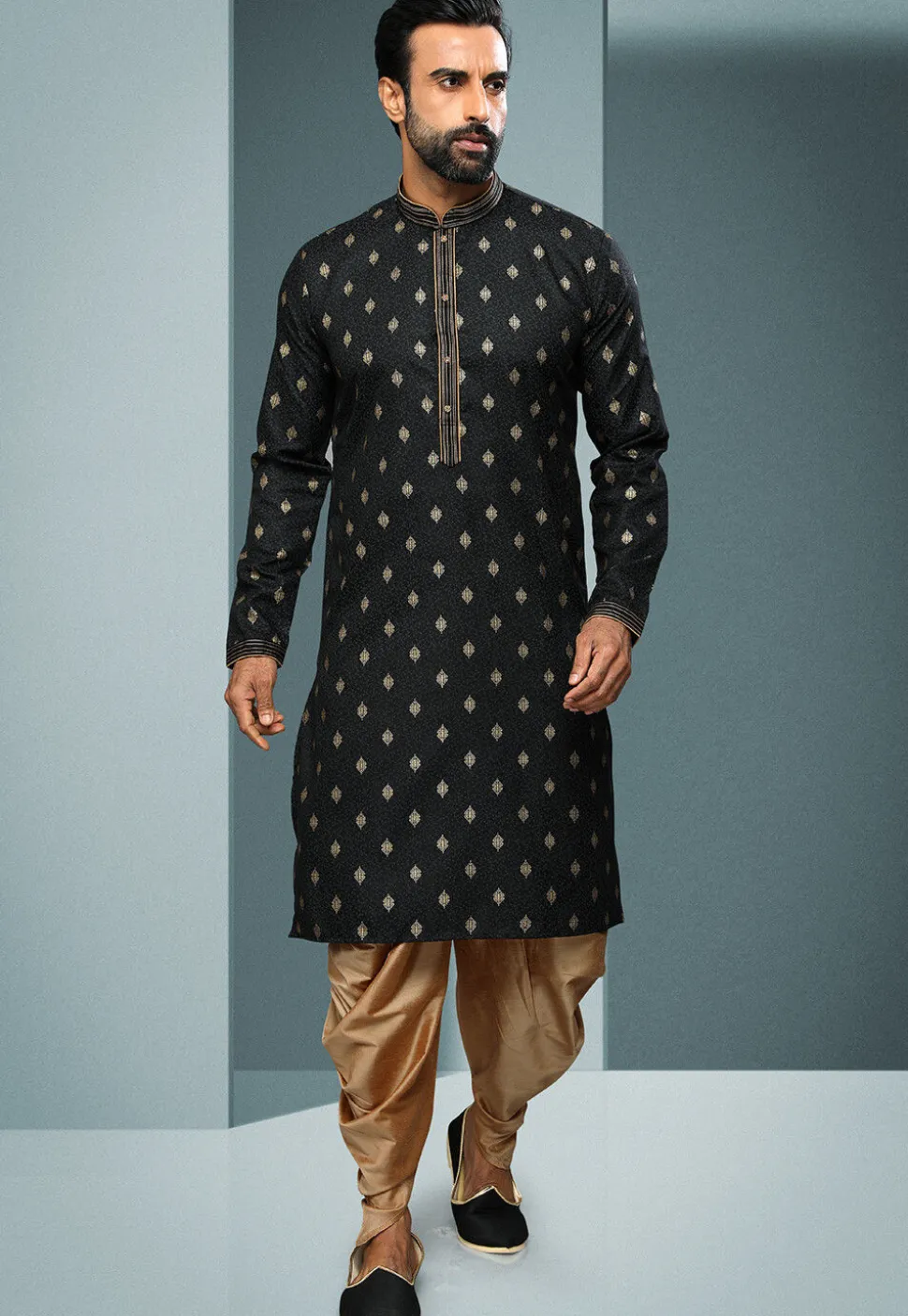 Woven Cotton Jacquard Dhoti Kurta in Black