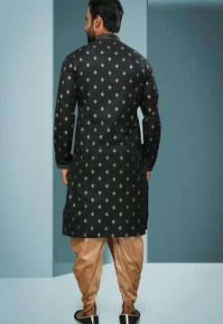 Woven Cotton Jacquard Dhoti Kurta in Black