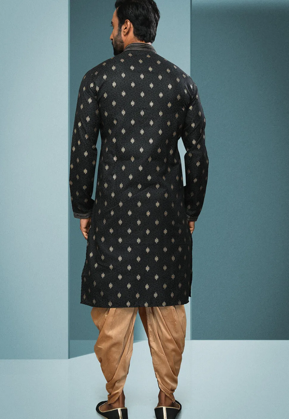 Woven Cotton Jacquard Dhoti Kurta in Black