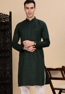 Woven Cotton Jacquard Kurta in Dark Green