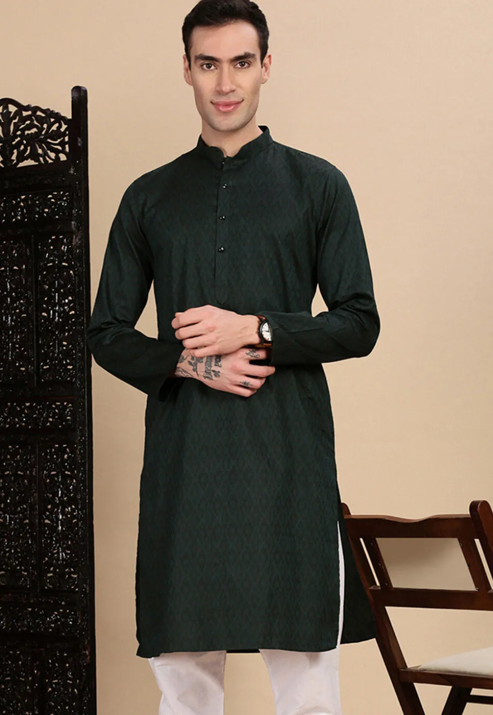 Woven Cotton Jacquard Kurta in Dark Green