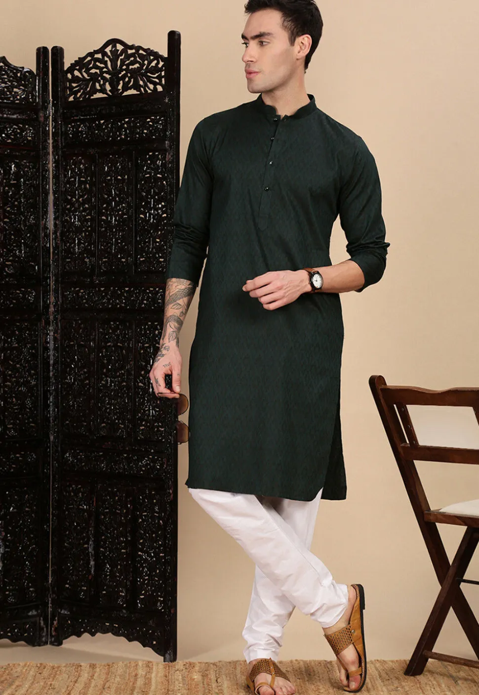 Woven Cotton Jacquard Kurta in Dark Green
