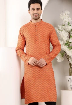 Woven Cotton Jacquard Kurta in Orange