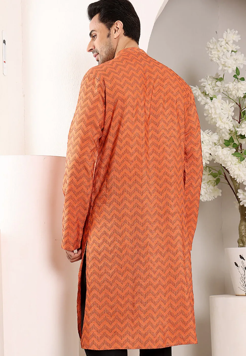 Woven Cotton Jacquard Kurta in Orange