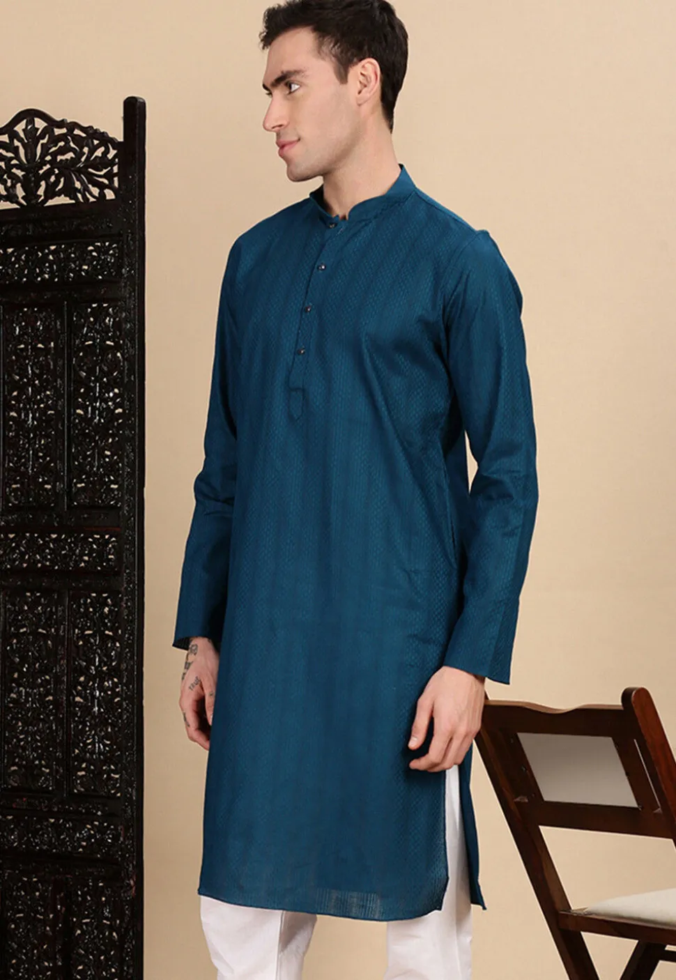Woven Cotton Jacquard Kurta in Teal Blue