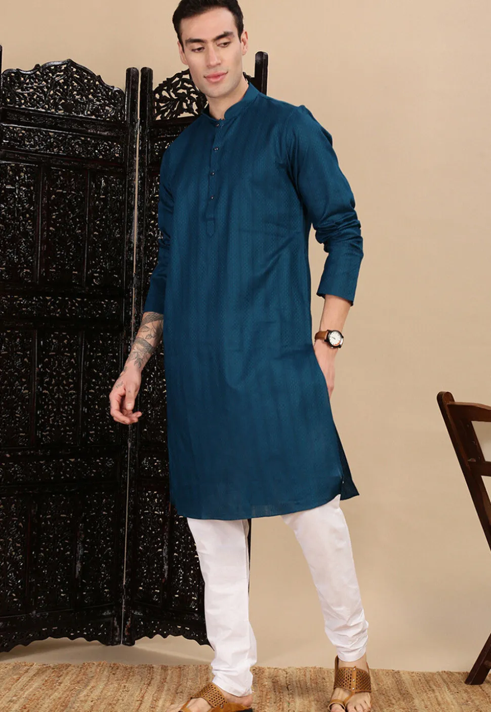 Woven Cotton Jacquard Kurta in Teal Blue