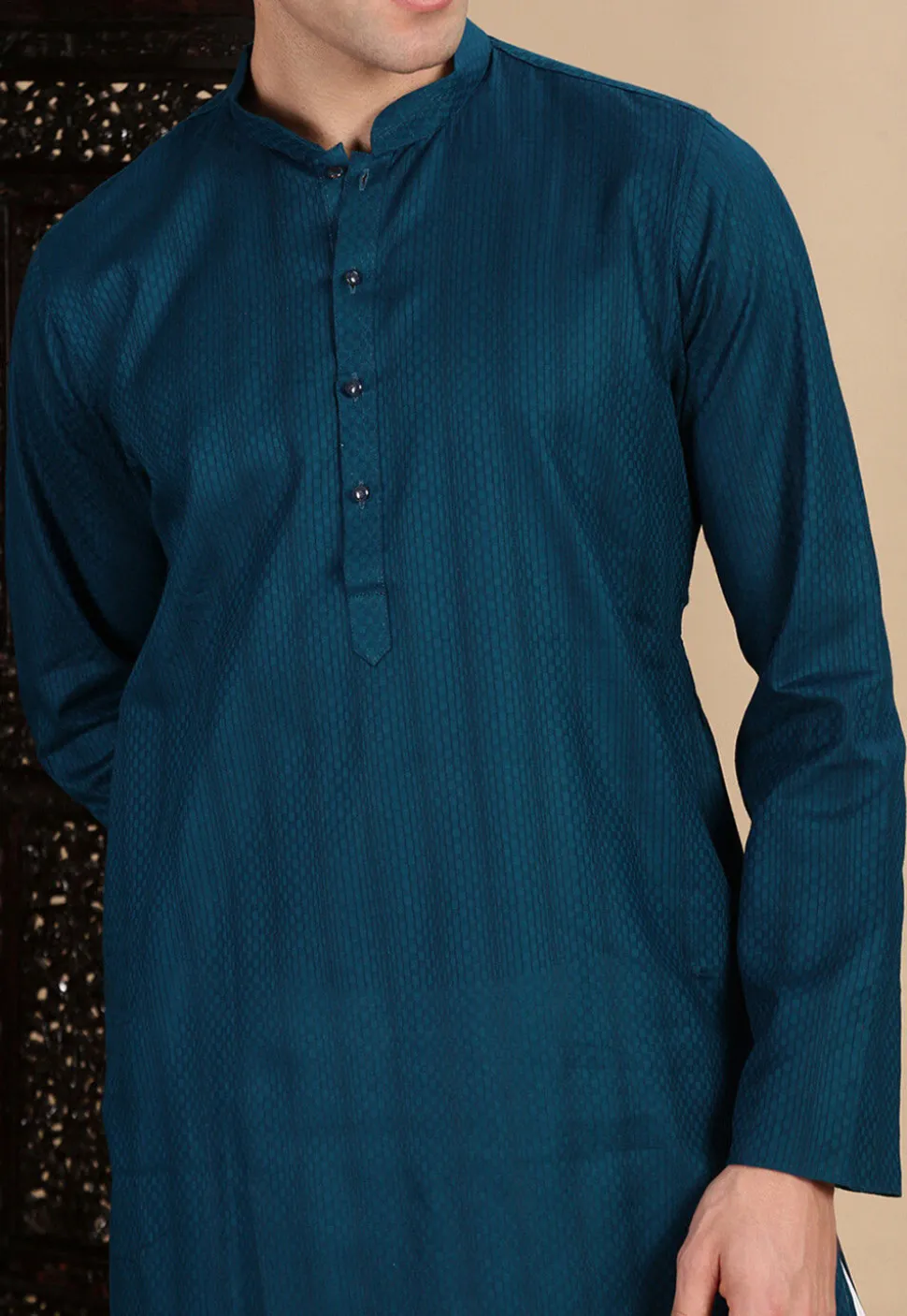 Woven Cotton Jacquard Kurta in Teal Blue
