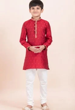 Woven Cotton Jacquard Kurta Set in Red