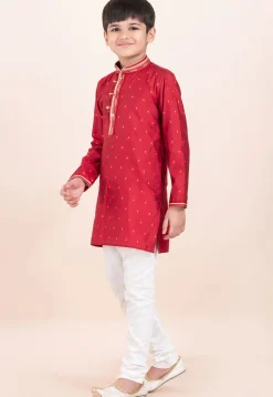 Woven Cotton Jacquard Kurta Set in Red