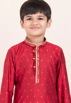 Woven Cotton Jacquard Kurta Set in Red