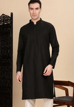 Woven Cotton Jacquard Kurta in Black