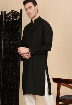Woven Cotton Jacquard Kurta in Black