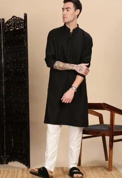 Woven Cotton Jacquard Kurta in Black