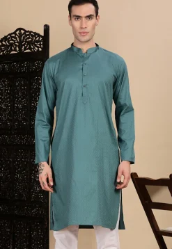 Woven Cotton Jacquard Kurta in Blue