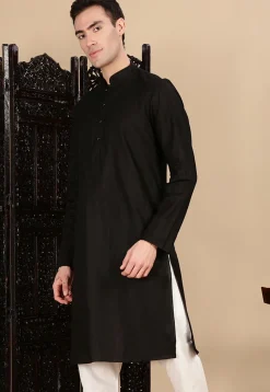 Woven Cotton Jacquard Kurta in Black
